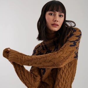 cleo Brown Cable Knit Turtleneck Sweater with Black Houndstooth Yoke
